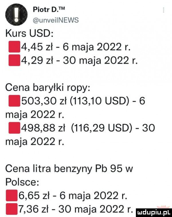 piotr d   unveiinews kurs usd i     zł   maja      r.      zł    maja      r. cena baryłki ropy        zł        usd   maja      r.        zł        usd    maja      r. cena litra benzyny pb    w polsce      zł   maja      r.      zł    maja      r