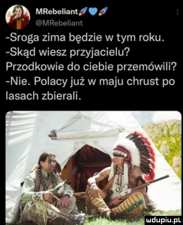 mrebeiiant  .   n in t sroga zima będzie w tym roku. skąd wiesz przyjacielu przodkowie do ciebie przemówili nie. polacy już w maju chrust po lasach zbierali