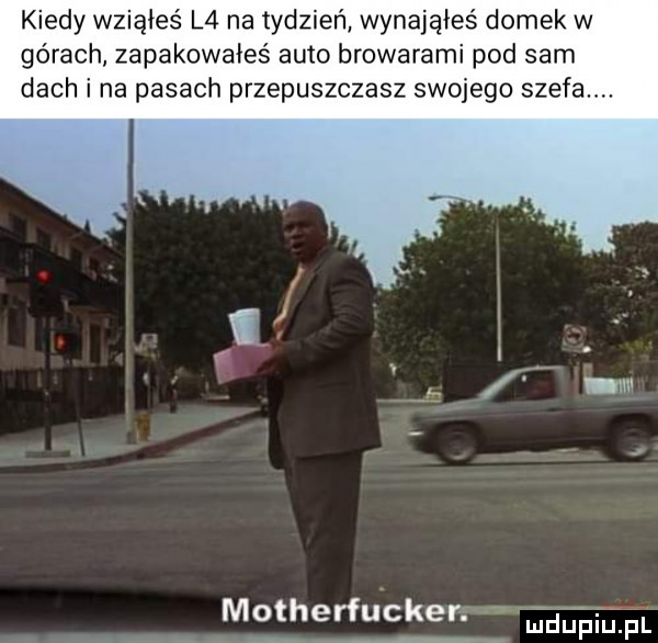 kiedy wziąłeś l  na tydzień wynająłeś domek w górach zapakowałeś auto browarami pod sam dach i na pasach przepuszczasz swojego szefa. me t herfucker. mnpm pl