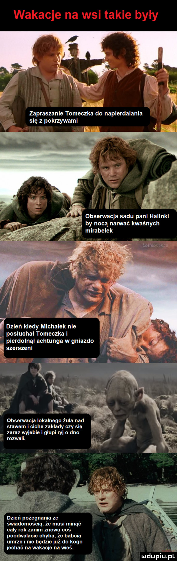 wx. r zapraszanie tomeczka do napierdalania się pokrzywami obserwacja sadu pani halinki by nocą narwać kwaśnych mirabelek lomlu m-ce. idzień kiedy michalek nie posluchal tomeczka i plerdolnąl achlunga w gniazdo szerszeni obserwacja lokalnego żula nad stawem i ciche zaklady czy się zaraz wyjebie i glupi ryj dno rozwali. dzień pożegnania ze świadome że musi minąć caly rok zanem znowu coś poodwalacie chyba że babcia umrze inie będzie już do kogo iechać na wakacis na wieś. w s