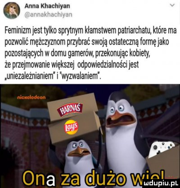 anna khachiyan r w feminizm jest tylko sprytnym klamstwem patriarchatu które ma pozwolić mężczyznom przybrać swoją ostateczną formę jako pozostających w domu gamerów. przekonując kobiety. że przejmowanie większej odpowiedzialności jest uniezależnianiem i wyzwalaniem