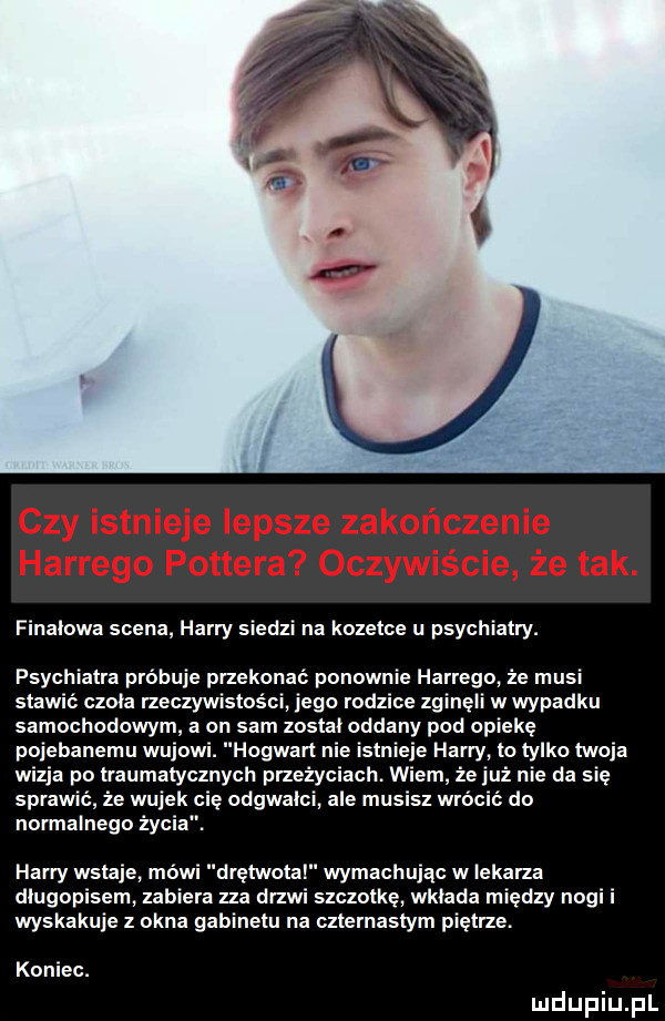finałowa scena harry siedzi na kozetce u psychiatry. psychiatra próbuje przekonać ponownie hardego ze musi stawić czoła rzeczywistosci jego rodzice zginęli w wypadku samochodowym a on sam został oddany pod opiekę pojebanemu wujowi. hogwart nie istnieje harry to tylko twoja wizja po traumatycznych przeżyciach. wiem że uż nie da się sprawić że wujek cię odgwaici ale musisz wróclc do normalnego życia. harry wstaje mówi drętwota wymachujac w lekarza długopisem zabiera zza drzwi szczotkę wkłada między nogi i wyskakuje z okna gabinetu na czternastym pietrze. koniec