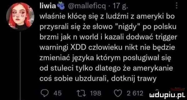 ii ia. malleficq    g. właśnie kłócę się z ludźmi z ameryki bo przysrali się że słowo nigdy po polsku brzmi jak n wored i kazali dorwać trigger warningi xdd człowieku nikt nie będzie zmieniać języka którym posiugiwai się od stuleci tylko dlatego że amerykanie coś sobie ubzdurali dotknij trawy q    o          maupiupl