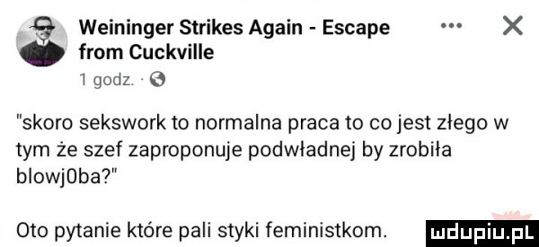 weininger strikes alain escape x. from cuckville   godz skoro sekswork to normalna praca to co jest złego w tym że szef zaproponuje podwladnej by zrobiła bloijba oto pytanie które pali styki feministkom