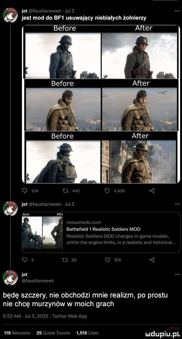ietwmusnamaccb nuż jest mod do bf  usuwający niebialych żołnierzy jet w uu itw vccb m   jams alu wnxumrnd com baulefiem realisn c soldiers mod er mm vs mod chmwgbs wgame mmm s mimu mo cvgmc mma n a vcnhs. ane msaov cm   l a ms   jak nusm wwccb będę szczery nie obchodzi mnie realizm po prestu nie chcę murzynów w moich grach     m  m       tunochb up    rm sum    mow lsmum