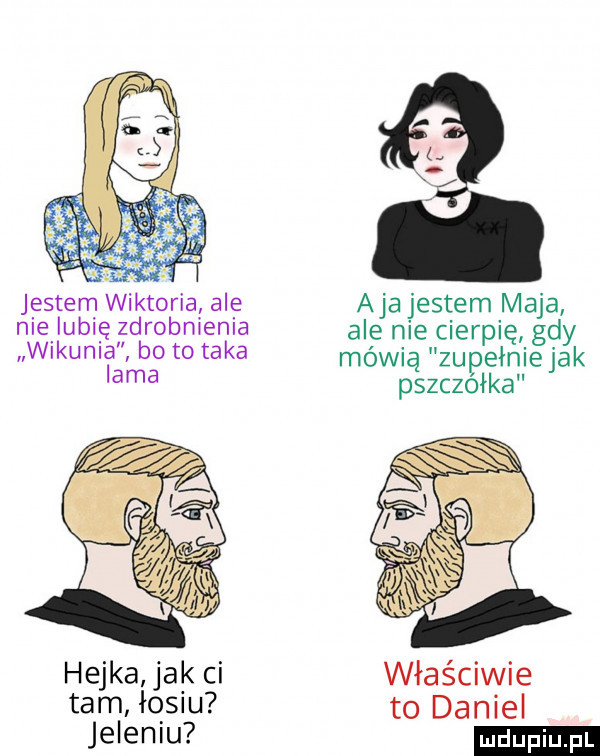 jestem wiktoria ale ajajestem maja nie lubię zdrobnienia ale nie cierpię gdy wlkunla bo to taka mówią zupełnie jak lama pszczółka hejka ak ci właściwie tam łosiu to daniel jeleniu