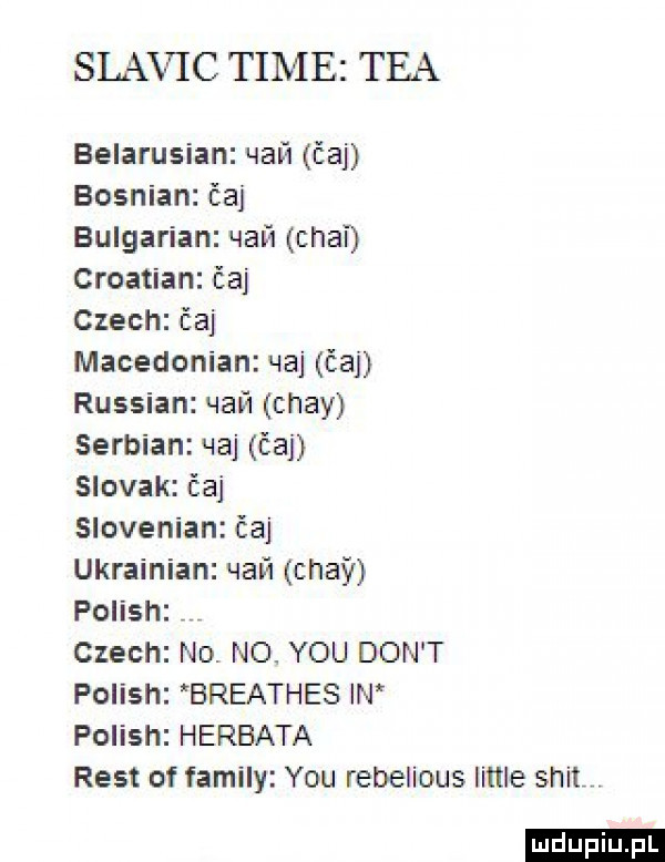 slavic time tka belarusian lian eaj bosnian ea bulgarian han thai croatian ea czech ea macedonian haj ćaj russian hal skay serbian haj ﬁaj slovak ćaj slovenian ćaj ukrainian niań may polish czech no. no. y-u don t polish breathes in polish herbata rent of family y-u rebelious littré skit ludu iu. l