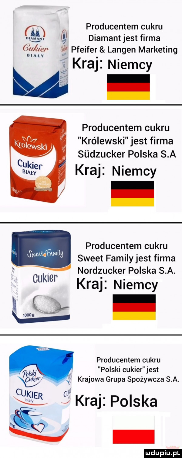 m producentem cukru w diamant jest firma gam w pfeifer langen marketing nin kraj niemcy producentem cukru królewski jest firma sijdzucker polska s a kraj niemcy producentem cukru sweet familyjest firma nordzucker polska s a. kraj niemcy cukier producentem cukru polski cukier jest w krajowa grupa spożywcza s a cu i. kde e   kraj polska. ludu iu. l