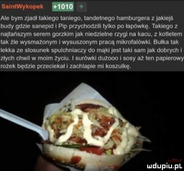 saintwykopek ale bym zjadł iakiago ﬂamingo iandolnego hamburgera lane s budy gdzie sanepid i pip przychodzili tylko po iapdwkę. takiego z najtańszym serem gorzkim lk niedzielne rzygl na kaw. koiieiem idk zje wysmazonym i wysuszonym pracą mlkroiaiówid. bułka tak lekka ze stosunek spuidmllczy do mąki jest taki sam jak dobrych i złych chwil w moim zadu. l surówki duzooo i sosy nz ian papiemwy mick będzie przecieku i zachlapie ml kouuikę. urdupiu pl