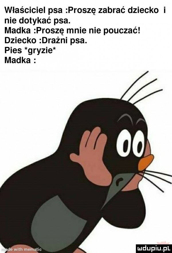 właściciel psa proszę zabrać dziecko i nie dotykać psa. madka proszę mnie nie pouczać dziecko drażni psa. pies gryzie madka ludu iu. l