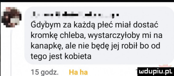 i i. abakankami l a l. abakankami. gdybym za każdą płeć miał dostać kromkę chleba wystarczyłoby mi na kanapkę ale nie będęjej robił bo od tego jest kobieta    godz. ha ha