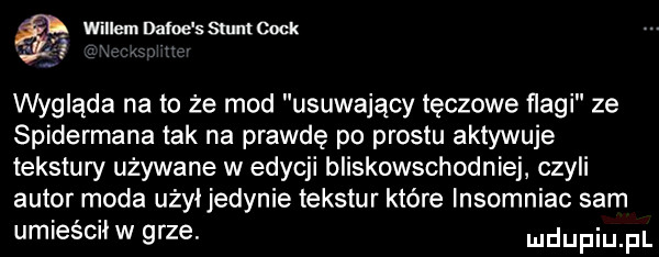 willem dame s stent cook. abakankami wygląda na to że mod usuwający tęczowe flagi ze spidermana tak na prawdę po prestu aktywuje tekstury używane w edycji bliskowschodniej czyli autor moda użył jedynie tekstur które insomniac sam umieścił w grze