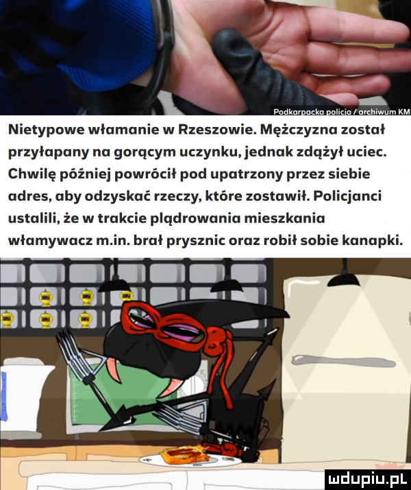 nietypowe włamanie w rzeszowie. mężczyzna został przyłapany na gorącym uczynku. jednak qużyl uciec. chwilę później powróci pod upatrzony przez si bae adres. aby odzyskać rzeczy. które zostawil. policjanci ustalili. że w trakcie plqdrowuniu mieszkania włamywacz m in. bral prysznic oraz robil sobie kanapki.        i bielan