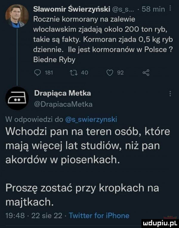sławomir świerzyński s s.    min   rocznie kormorany na zalewie wloclawskim zjadają okolo     ton ryb takie są fakty. kormoran zjada     kg ryb dziennie. ile jest kormoranów w polsce biedne ryby o     u    c    a drapiąca metka drapiacametka w odpowiedzi do s swierzynski wchodzi pan na teren osób które mają więcej lat studiów niż pan akordów w piosenkach. proszę zostać przy kropkach na majtkach.      .    sie    twitter for iphone
