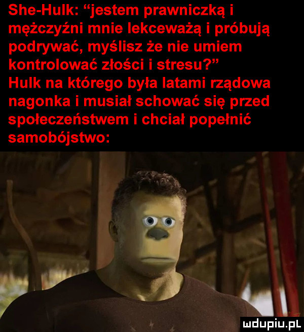 sie hulk jestem prawniczka i mężczyźni mnie lekceważą i próbują podrywać myślisz że nie umiem kontrolować złości i stresu hulk na którego byla latarni rządowa nagonka i musiał schować się przed społeczeństwem i chciał popełnić samobójstwo   h