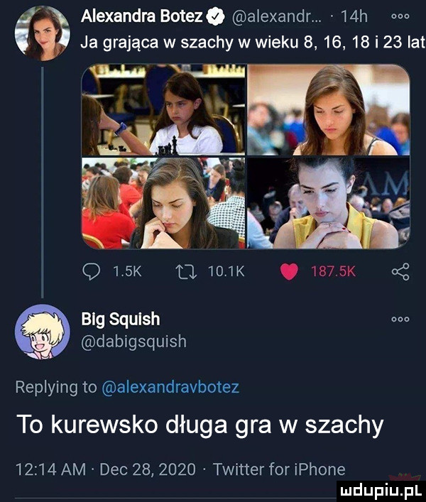 alexandra boteze alexandr.   h we ja grająca w szachy w wieku         i    lat q    k tj mm.     k bcg squash m dabigsquish replying to alexandravbotez to kurewsko długa gra w szachy       am dec         twitter for iphone