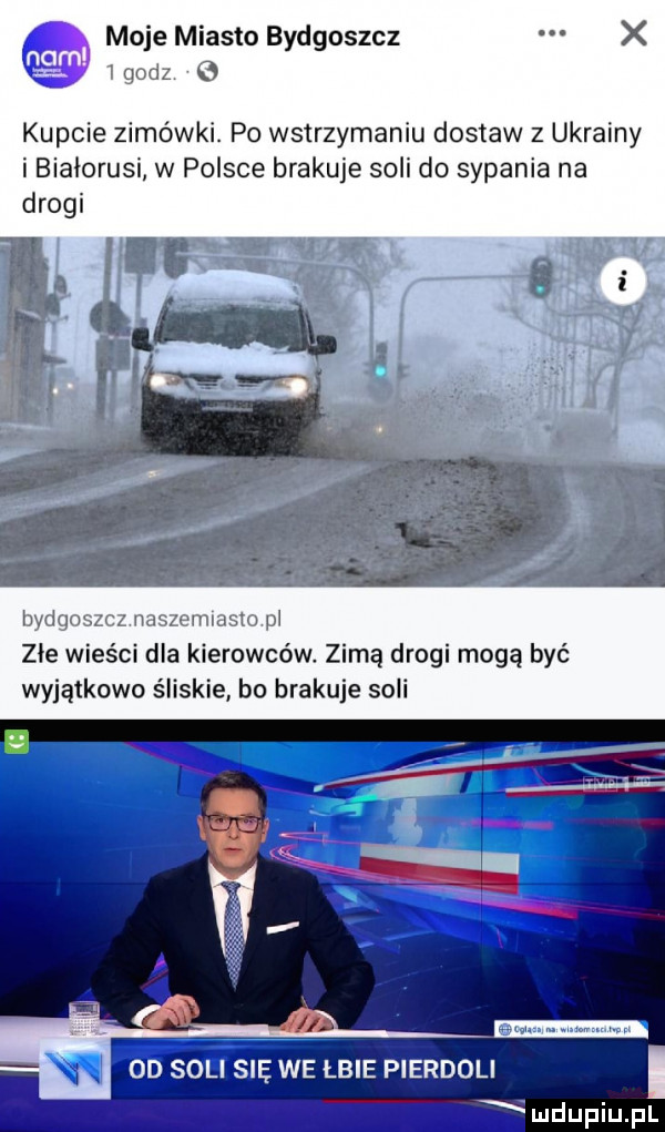 moje miasto bydgoszcz   godz kupcie zimówki. po wstrzymaniu dostaw z ukrainy i białorusi w polsce brakuje soli do sypania na bvdgi złe wieści dla kierowców. zimą drogi mogą być wyjątkowo śliskie bu brakuje soli od soli się we łbie pierdoli mdupiupl