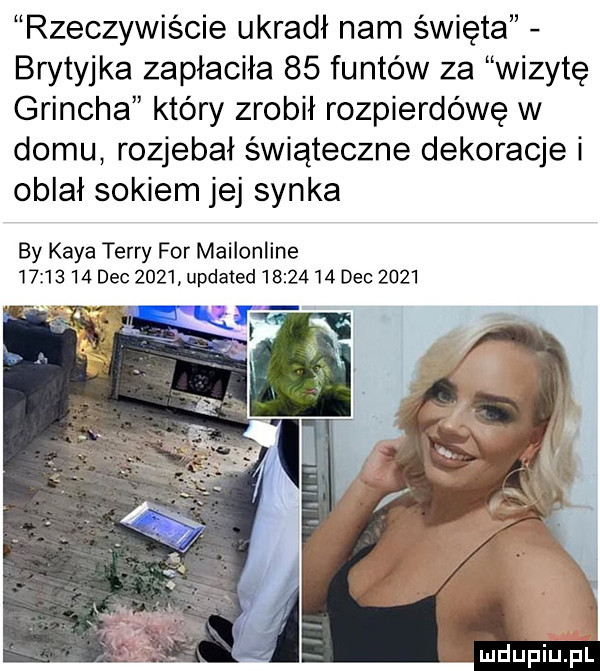 rzeczywiście ukradł nam święta brytyjka zapłaciła    funtów za wizytę grincha który zrobił rozpierdówę w domu rozjebał świąteczne dekoracje i oblał sokiem jej synka by kaba terry for mailonline         dec      updated          dec