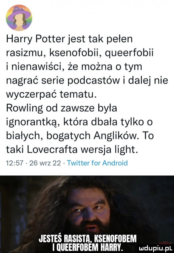 harry potter jest tak pełen rasizmu ksenofobii queerfobii i nienawiści że można obym nagrać serie podcastów i dalej nie wyczerpać tematu. rowling od zawsze była ignorantką która dbała tylko   białych bogatych anglików. to taki lovecrafta wersja light. l        w-z    jesteś basista. kseiiufiibem illlleenfllilem harry