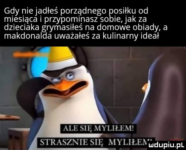 gdy niejakieś porządnego osiłku od miesiąca i przypominasz so ie jak za dzieciaka grymasiłeś na domowe obiady a macdonalda uważałeś za kulinarny ideał alf. sci mai. straszni su alyliłjiamdupiu pl