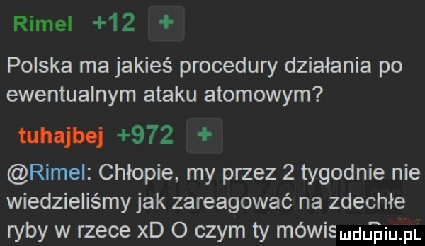 rumel    polska ma jakieś procedury działania po ewentualnym ataku atomowym tuhajbej     rumel chłopie my przez   tygodnie nie wiedzieliśmyjak zareagować na zdechłe ryby w rzece xd o czym ty mówis du emil