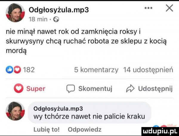 odgłosyżulampa x    min   nie minął nawet rok od zamknięcia raksy i skurwysyny chcą ruchać robota ze sklepu z kocią mordą oo       komentarzy    udostępnień   super c skomentui d udostępnij odgłosyźulamps wy tchórze nawet nie palicie kraku lubię   odpowiedz em
