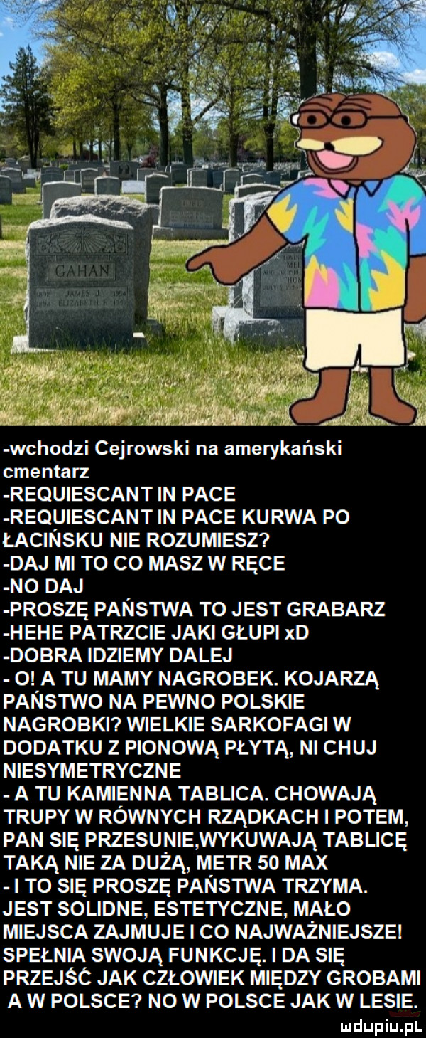 r i   me nh wchodzi cejrowski na amerykański cmentarz requiescantin pace requiescant in pace kurwa po łacińsku nie rozumiesz daj mi t  co masz w ręce no daj proszę panstwa to jest grabarz hebe patrzcie jaki głupi xd dobra idziemy dalej   a tu mamy nagrobek. kojarzą panstwo na pewno polskie nagrobki wielkie sarkofagi w dodatku z pionową płytą ni chuj niesymetryczne a tu kamienna tablica. chowają trupy w równych rządkach i potem pan się przesunie wykuwają tablicę taką nie za dużą metr    max i to się proszę panstwa trzyma. jest solidne estetyczne mało miejsca zajmuje i co najważniejsze spełnia swoją funkcję. da się przejsc jak człowiek między grobami a w polsce no w polsce jak w lesie