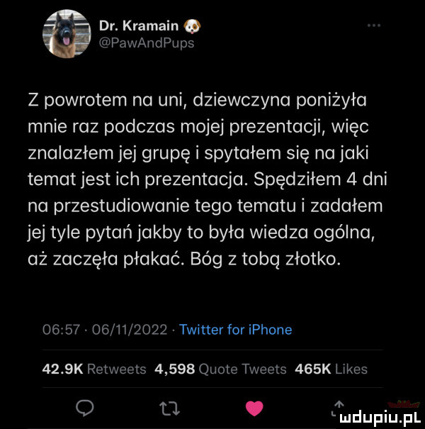dr. kramain q pawandpups z powrotem na uli dziewczyna poniżyła mnie raz podczas mojej prezentacji więc znalazłem jej grupę i spytałem się na jaki temat jest ich prezentacja. spędziłem   dni na przestudiowanie tego tematu i zadałem jej tyle pytań jakby to była wiedza ogólna az zaczęła płakać. bóg z tobą złotko.                 twitterfor iphone     k rctwccts       quote tweets    k lakes q l. ląmdupiupl