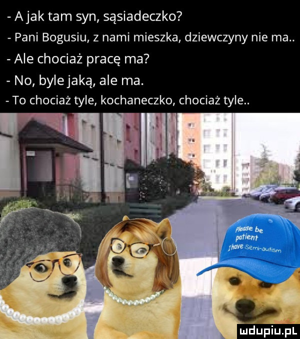 abak tam syn sąsiadeczko pani bogusiu z nami mieszka dziewczyny nie ma. ale chociaż pracę ma no bylejaką ale ma. to chociaż tyle kochaneczko chociaż tyle. mdupflipl