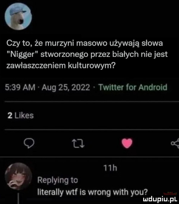 czy to że murzyni masowo używają slowa nigger stworzonego przez białych nie jest zawlaszczeniem kulturowym      am aeg   .      twitter for android   limes q li.   h replying to literalny wtf is wrong with y-u l mduplu pl