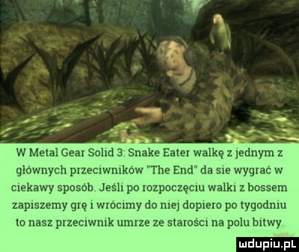 w metal goar solid  . snake enter walkę z jednym z głównych przeciwników tee end da sie wygrać w ciekawy sposób jeśh po rozpoczęciu walk bossem zapiszemy grę i wmmmy do mej dopiero po tygodniu to nasz przeciwnik umrze ze starości na polu bitwy