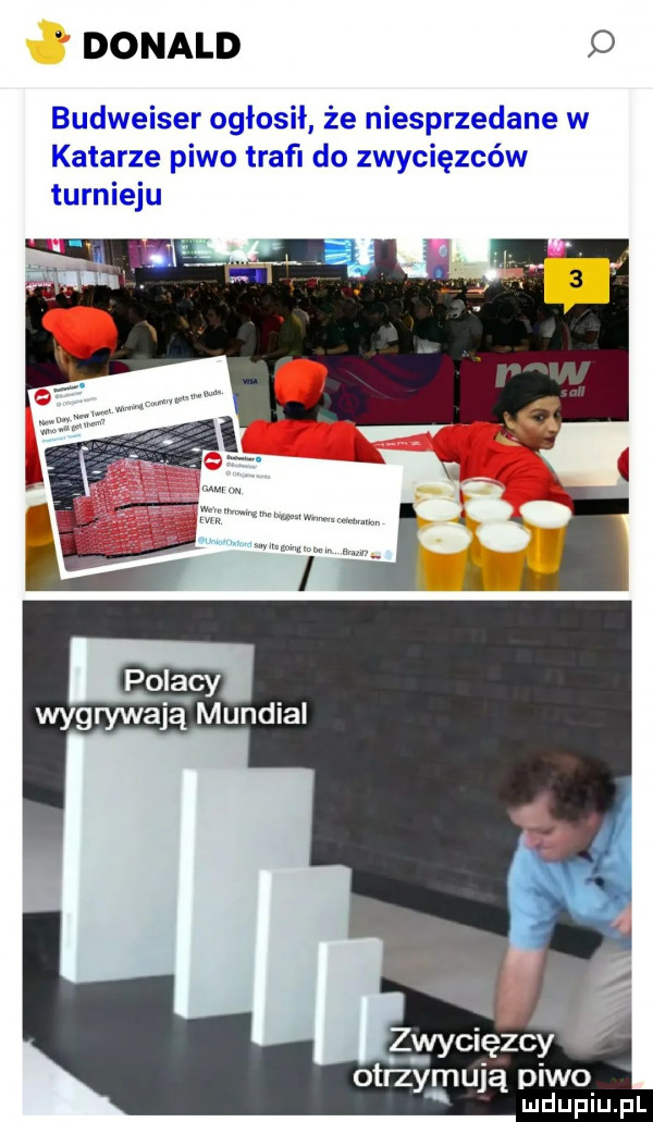 donald   budweiser ogłosił że niesprzedane w katarze piwo trafi do zwycięzców turnieju. polacy wygrywają mundial zwycięzcy otrzymują piwo