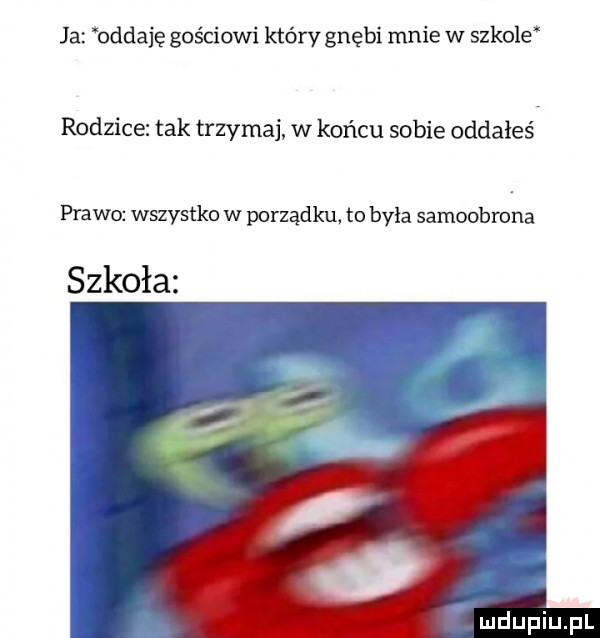 j a oddaję gościowi który gnębi mnie w szkole rodzice tak trzymaj w końcu sobie oddałeś prawo wszystko w porządku to była samoobrona szkoła mdupiupl