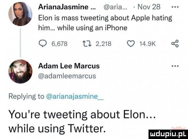 arianajasmine aria. abakankami niv    egon is mess tweeting abort ample haking ham. weile using an iphone o       tj       q     k g adam lee marcus adamleemarcus replying to arianajasmineﬁ y-u re tweeting abort egon. weile using twitter