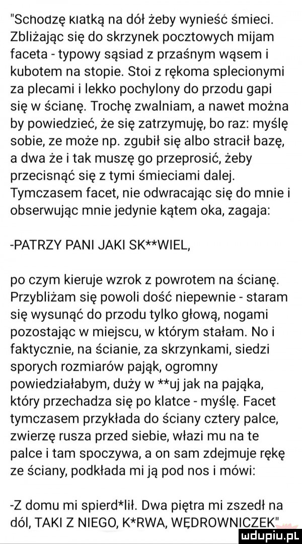 schodzę klatką na dół żeby wynieść śmieci. zbliżając się do skrzynek pocztowych mijam faceta typowy sąsiad z przaśnym wąsem i kubotem na stopie. stoi z rękoma splecionymi za plecami i lekko pochylony do przodu gapi się w ścianę. trochę zwalniam a nawet można by powiedzieć że się zatrzymuję bo raz myślę sobie że może np. zgubil się albo stracil bazę a dwa że i tak muszę go przeprosić żeby przecisnąć się z tymi śmieciami dalej. tymczasem facet nie odwracając się do mnie i obserwując mnie jedynie kątem oka zagaja patrzy pani jaki sk wlel po czym kieruje wzrok z powrotem na ścianę. przybliżam się powoli dość niepewnie staram się wysunąć do przodu tylko głową nogami pozostając w miejscu w którym stalam. nai faktycznie na ścianie za skrzynkami siedzi sporych rozmiarów pająk ogromny powiedziałabym duży w uj jak na pająka który przechadza się po klatce myślę. facet tymczasem przykłada do ściany cztery palce zwierzę rusza przed siebie włazi mu na te palce i tam spoczywa a on sam zdejmuje rękę ze ściany podkłada mi ją pod nos i mówi z domu mi spierd il. dwa piętra mi zszedł na dół taki z niego k rwa wedrowniczek
