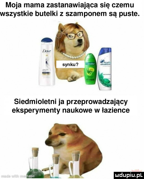 moja mama zastanawiająca się czemu wszystkie butelki z szamponem są puste. siedmioletni ia przeprowadzający eksperymenty naukowe w łazience i m ludu iu. l