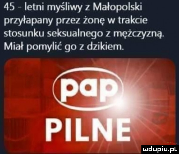 letni myśliwy z małopolski przyłapany przez żonę w trakcie stosunku seksualnego z mężczyzną. miał pomylić go   dzikiem pil