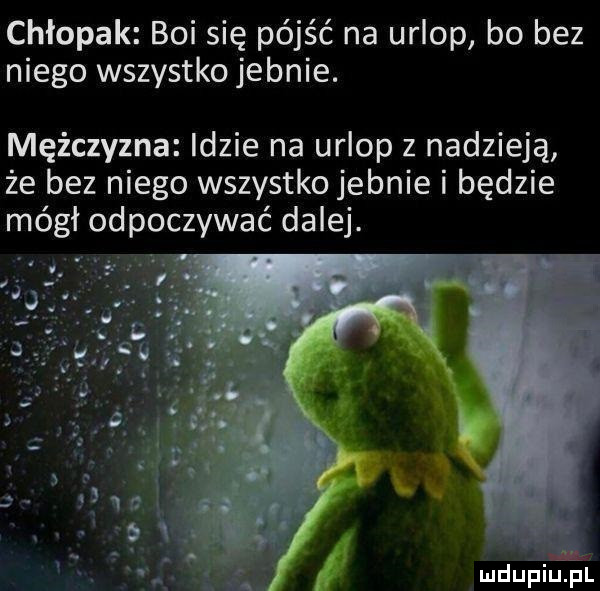 chłopak boi się pójść na urlop bo bez niego wszystko jebnie. mężczyzna idzie na urlop z nadzieją że bez niego wszystko jebnie i będzie mógł odpoczywać dalej. mdupiinl