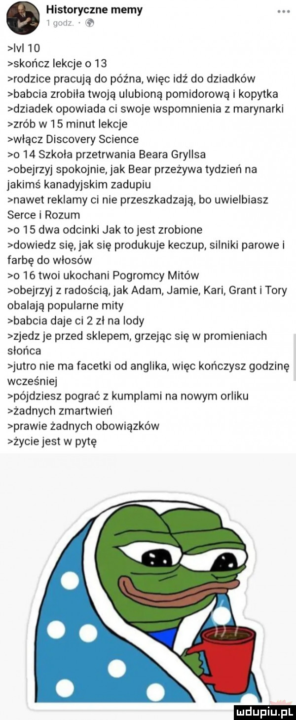 historyczne memy j a w ici    skończ lekcje o    rodzice pracują do późna więc idź do dziadków babcia zrobila twoją ulubioną pomidorowa i kopytka dziadek opowiada ci swoje wspomnienia   marynarki zrób w    minut lekcje włącz discovery science o    szkola przetrwania beira gryiisa obejrzyj spokojnie jak bear przeżywa tydzień na jakimś kanadyjskim zadupiu nawet reklamy ci nie przeszkadzają bo uwielbiasz serce i rozum o    dwa odcinki jak to jest zrobione dowiedz się jak się produkuje keczup silniki parowe i farbę do wlosow o    twoi ukochani pogromcy mitów obejrzyj z radością jak adam jamie kari grant i tory obalają popularne mity babcia daje ci   zina lody zjedz je przed sklepem grzejąc się w promieniach słońca jutro nie ma facetki od anglika więc kończysz godzinę wcześniej pójdziesz pograć z kumplami na nowym orfiku zadnych zmartwień prawie żadnych obowiązków życie jest w pytę