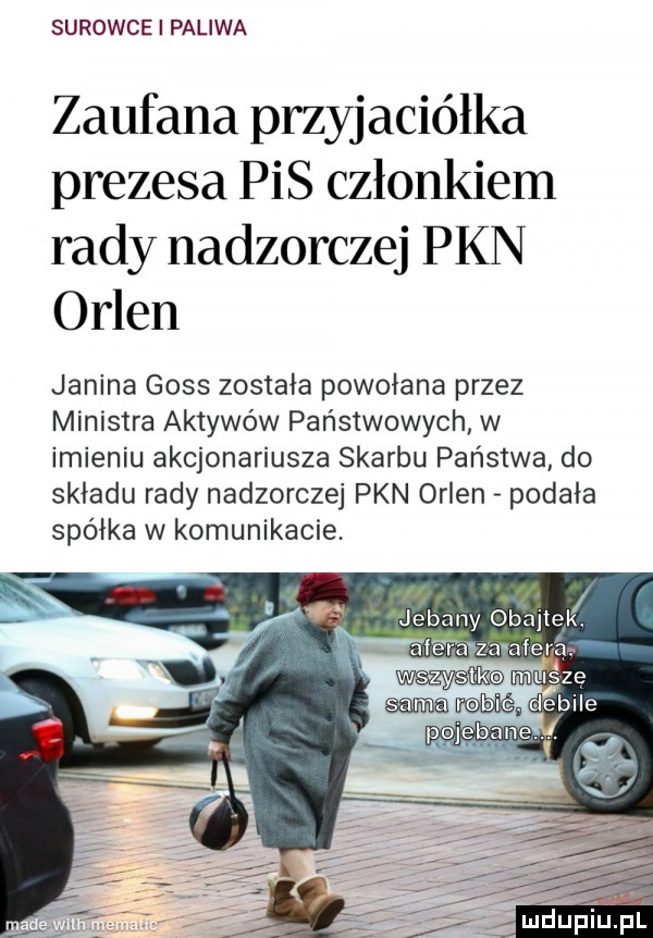 surowce i paliwa zaufana przyjaciółka prezesa pis członkiem rady nadzorczej pkn orlen janina goss została powołana przez ministra aktywów państwowych w imieniu akcjonariusza skarbu państwa do składu rady nadzorczej pkn orlen podała spółka w komunikacie