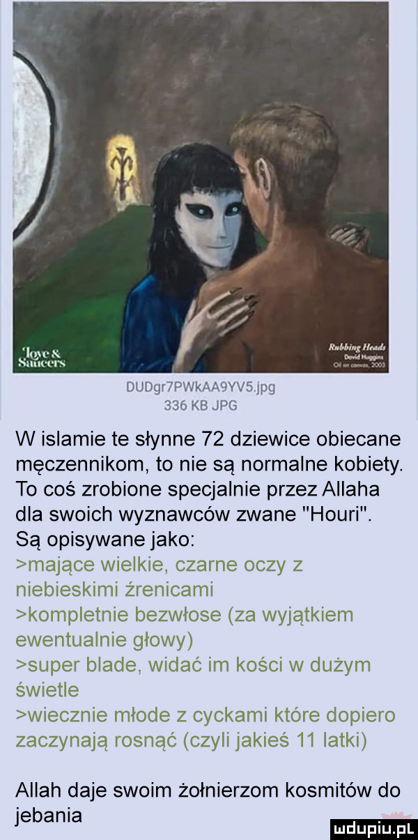dudgr pwkaa vv  lpg     kb jpg w islamie te słynne    dziewice obiecane męczennikom to nie są normalne kobiety. to coś zrobione specjalnie przez allaha dla swoich wyznawców zwane houri. sa opisywane jako majace wielkie czarne oczy z niebieskimi żrenicami kompletnie bezwłose za wyjątkiem ewentualnie głowy super blade. widać im kości w dużym świetle wiecznie młode z cyckami które dopiero zaczynają rosnąć czyli jakieś    latki allah daje swoim żołnierzom kosmitów do elan a