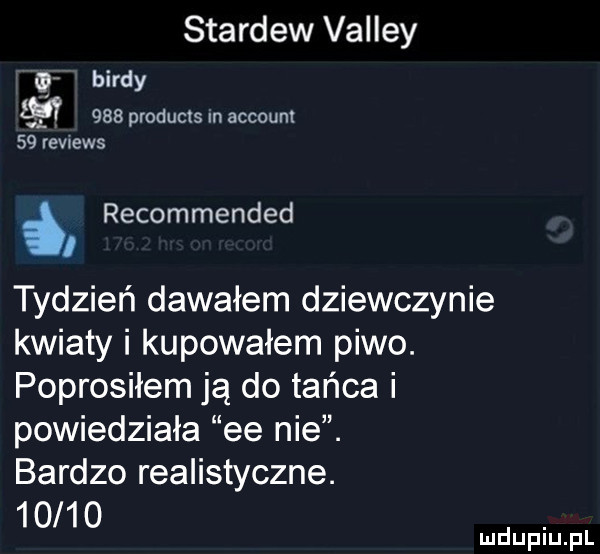 stardew volley birdy          products in account    rewers recommended tydzień dawałem dziewczynie kwiaty i kupowałem piwo. poprosiłem ją do tańca i powiedziała ee nie. bardzo realistyczne