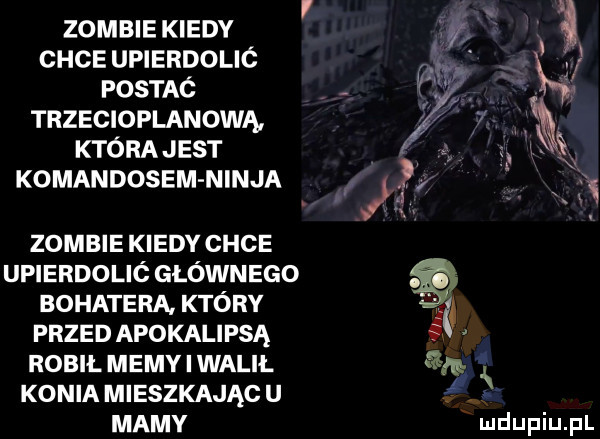 zombie kiedy chce upierdolic postaó trzecioplanową która jest komandosem ninja zombie kiedy chce upierdolió głównego bohatera który przed apokalipsa robił memy i walił konia mieszkając u mamy deupiupl