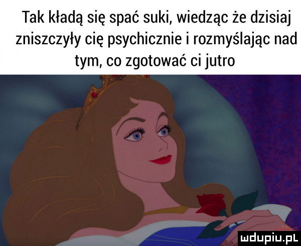 tak kładą się spać suki wiedząc że dzisiaj zniszczyły cię psychicznie i rozmyślając nad tym co zgotować ci jutro