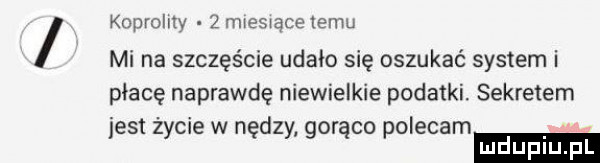 koprolity   maeswace temu mi na szczęście udało się oszukać system i płacę naprawdę niewielkie podatki. sekretem jest życie w nędzy gorąco polecam