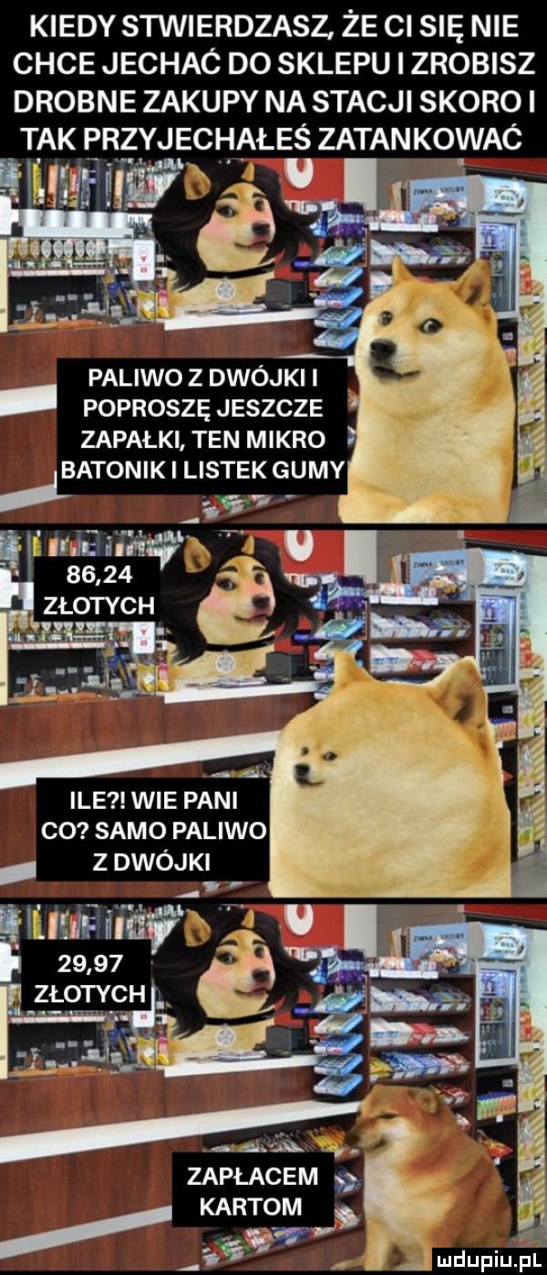 kiedy stwierdzasz że cl się nie chce jechac do sklepu i zrobisz drobne zakupy na stacji skoro i tak przyjecha les zatankowac paliwo z dwójki poproszę jeszcze zapałki ten mikro   xxx ile wie pani co samo paliwo z dwójki i am u.         é i. fzmwc w. zapłacem   kartom za