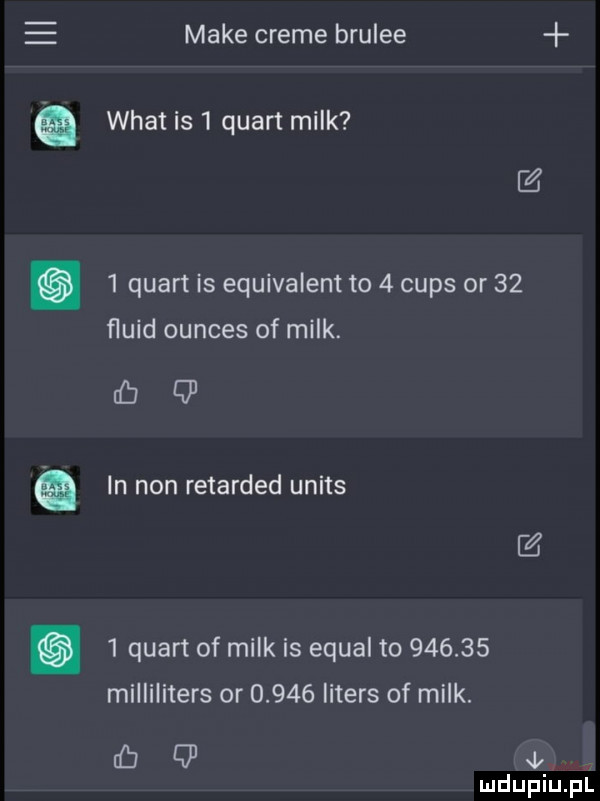 i make creme brulee wiat is   quant melk   quant is equivalent to   cmps or    ﬂuid ounces of melk. in non retarded uniks   quant of melk is equal to        milliliters or       liters of melk. cb q