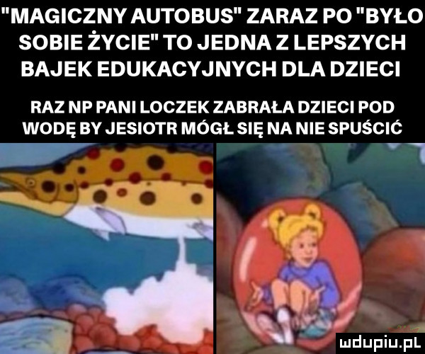 magiczny autobus zaraz po było sobie życie to jedna z lepszych bajek edukacyjnych dla dzieci raz np pani loczek zabrala dzieci pod wodę by jesiotr mógł się na nie spuścić
