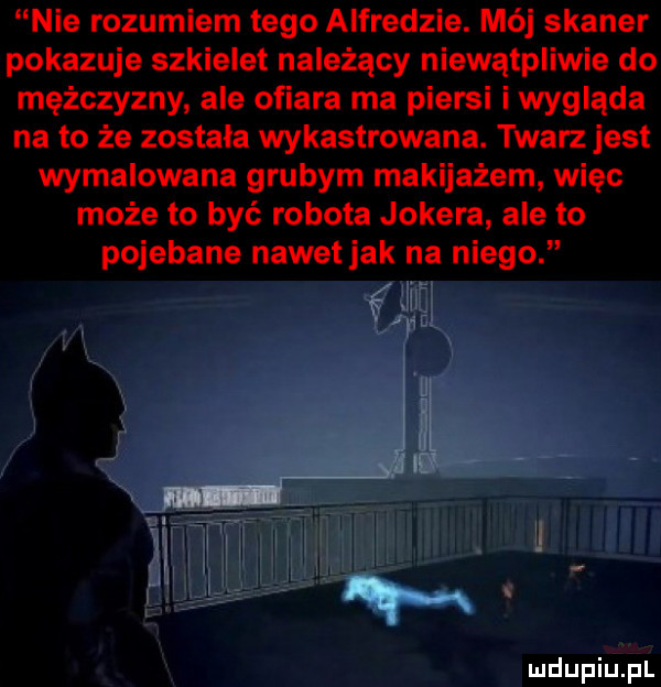 nie rozumiem tego alfredzie. mój skaner pokazuje szkielet należący niewątpliwie do mężczyzny ale ofiara ma piersi i wygląda na to że została wykastrowana. twarz jest wymalowana grubym makijażem więc może to być robota jokera ale to pojebane nawetjak na niego irli l