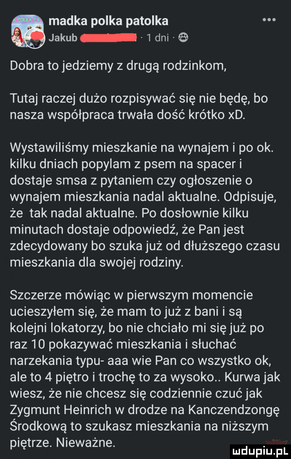 madka polka patelka jakub i dni   dobra to jedziemy z drugą rodzinkom. tutaj raczej dużo rozpisywać się nie będę bo nasza współpraca trwała dość krótko xd. wystawiliśmy mieszkanie na wynajem i po ok. kilku dniach popylam z psem na spacer i dostaje sasa z pytaniem czy ogłoszenie o wynajem mieszkania nadal aktualne. odpisuje że tak nadał aktualne. po doslownie kilku minutach dostaje odpowiedź że pan jest zdecydowany bo szuka już od dłuższego czasu mieszkania dla swojej rodziny. szczerze mówiąc w pierwszym momencie ucieszylem się że mam to już z bani i są kolejni lokatorzy bo nie chciało mi się już po raz    pokazywać mieszkania i słuchać narzekania typu aaa wie pan co wszystko ok ale to   piętro i trochę to za wysoko. kurwa jak wiesz ze nie chcesz się codziennie czuć jak zygmunt heinrich w drodze na kanczendzangę środkową to szukasz mieszkania na niższym piętrze. niewazne